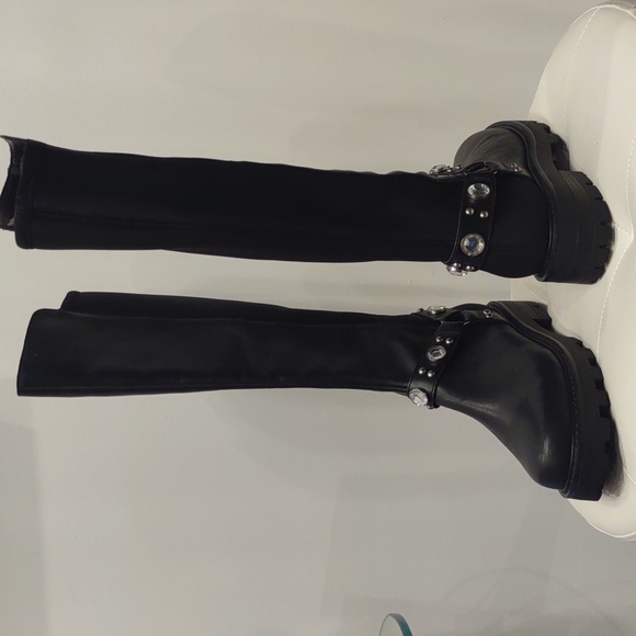 Karl Lagerfeld Milla Black Knee High Rhinestone Equestrian Buckle New Lug Boots - Picture 9 of 10
